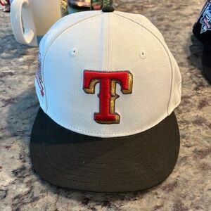 New Era White Cap with Black Brim and Red-Gold Logo